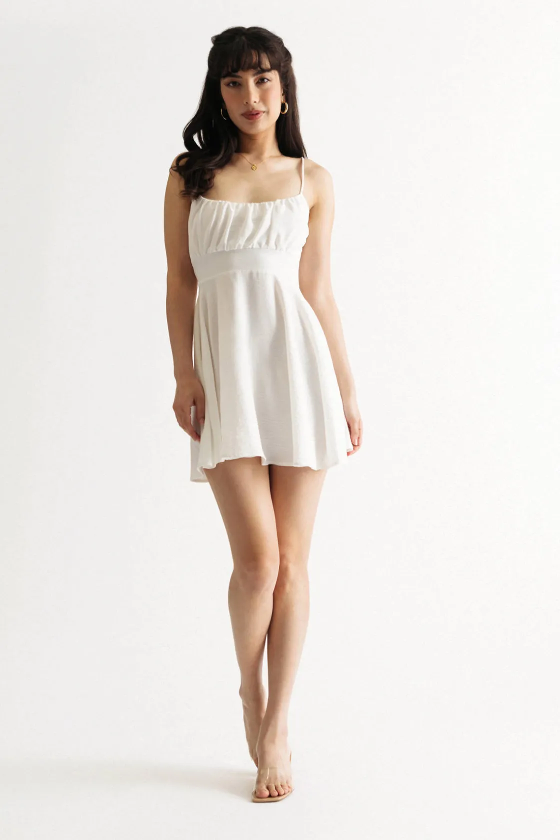 Tobi Gabbie White Ruched Tie Back Skater Mini Dress