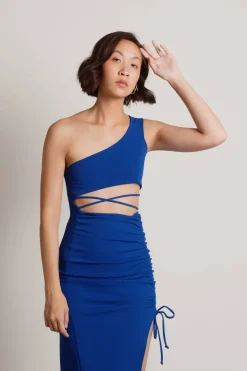 Tobi Gotta Find Me One Shoulder High Slit Midi Dress - Cobalt Blue