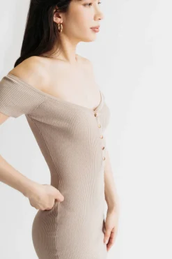 Tobi Gracelynn Ribbed Off The Shoulder Mini Dress - Beige