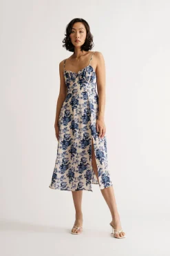 Tobi Guinevere Floral Satin Ruched Midi Dress
