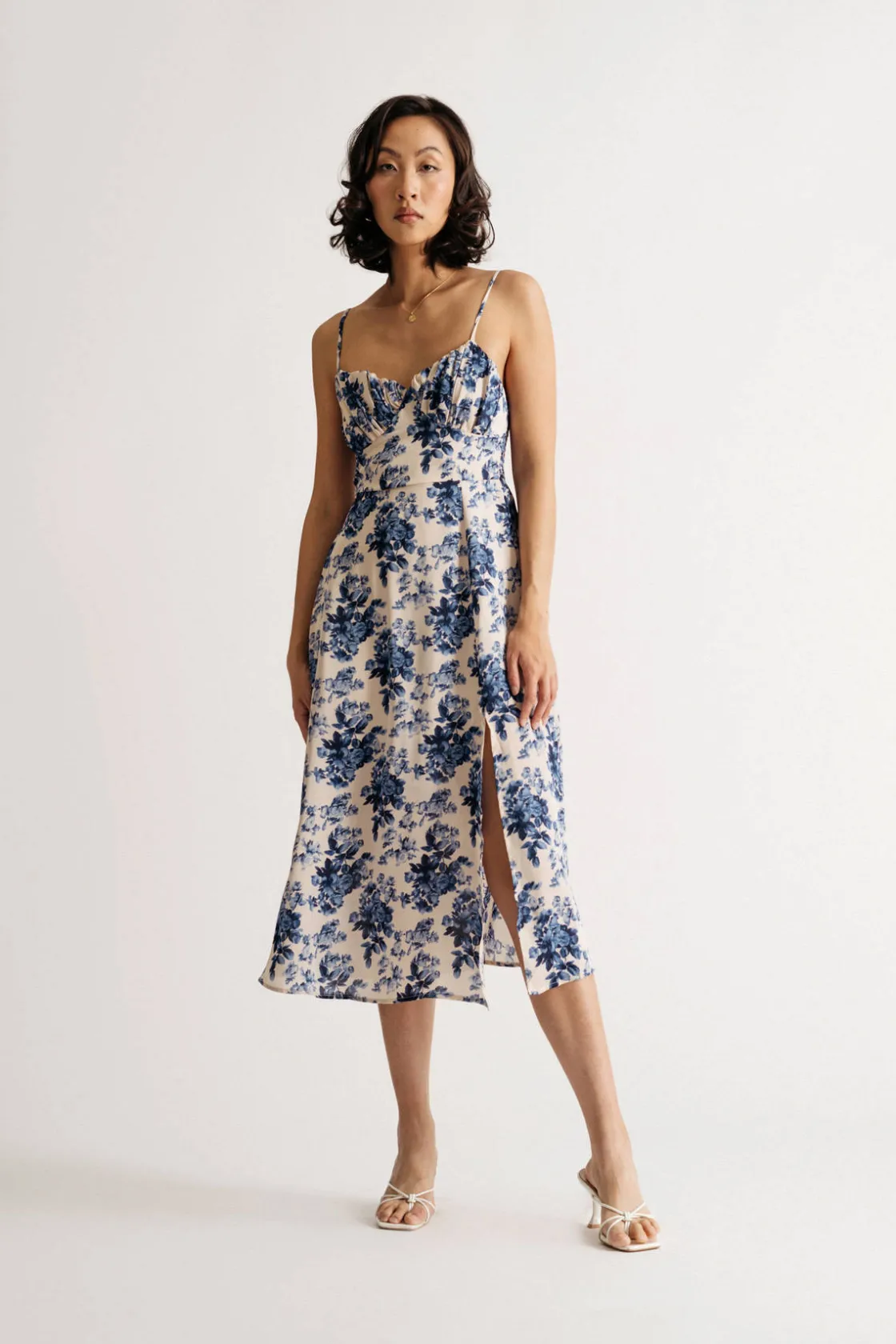 Tobi Guinevere Floral Satin Ruched Midi Dress