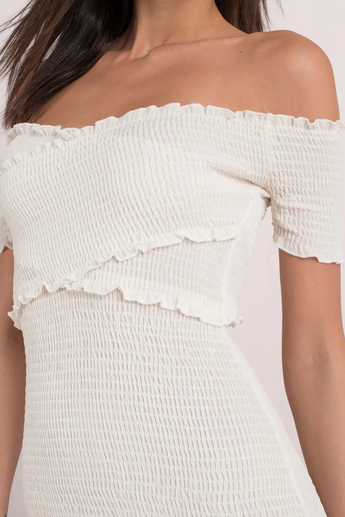 Tobi Harlow Off The Shoulder Smocked Mini Dress -