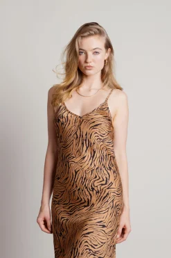 Tobi Hear Me Purr Tiger Print Slip Midi Dress - Ecru