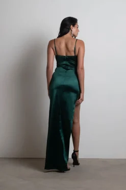 Tobi Heartbreaker Satin High Slit Maxi Dress - Hunter Green