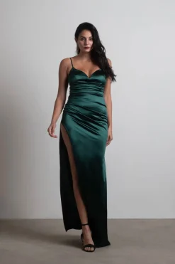 Tobi Heartbreaker Satin High Slit Maxi Dress - Hunter Green