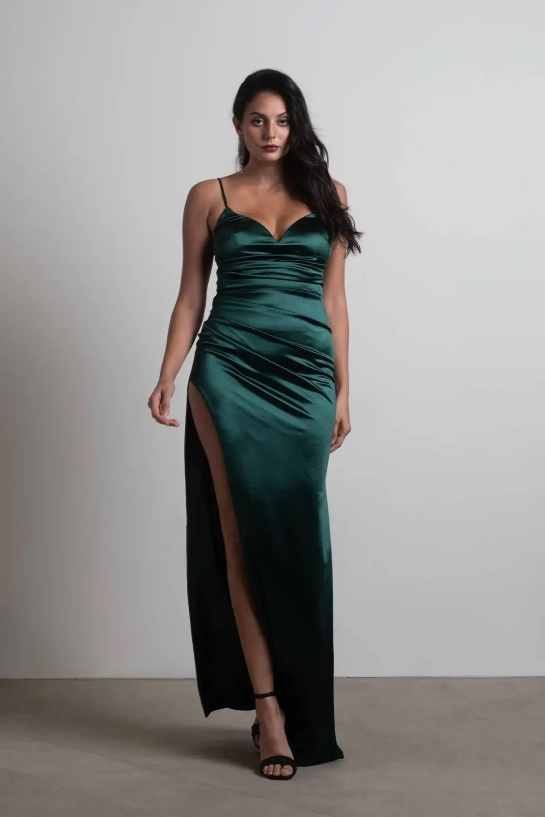 Tobi Heartbreaker Satin High Slit Maxi Dress - Hunter Green