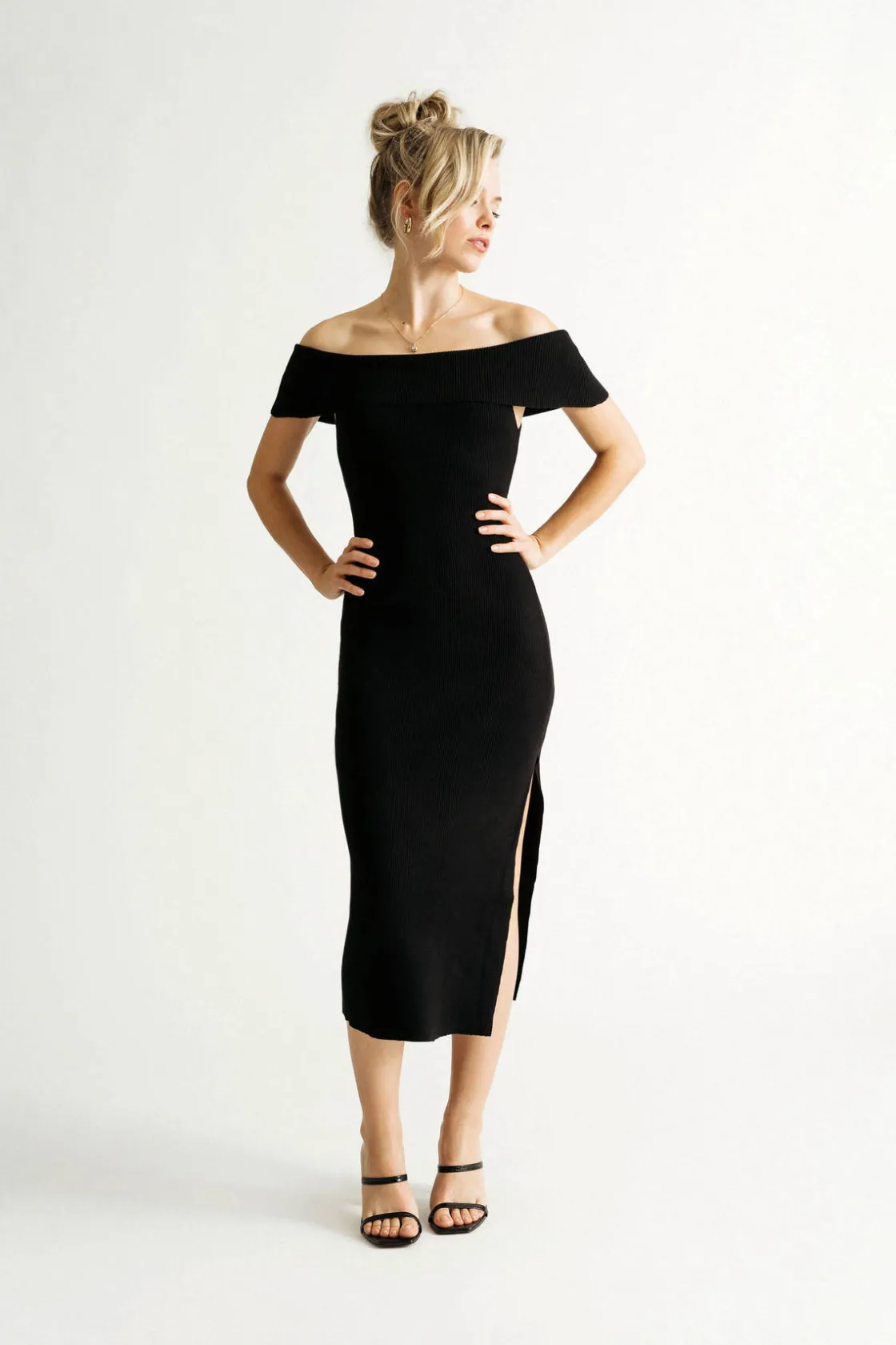Tobi Hello Again Ribbed Off Shoulder Midi Dress