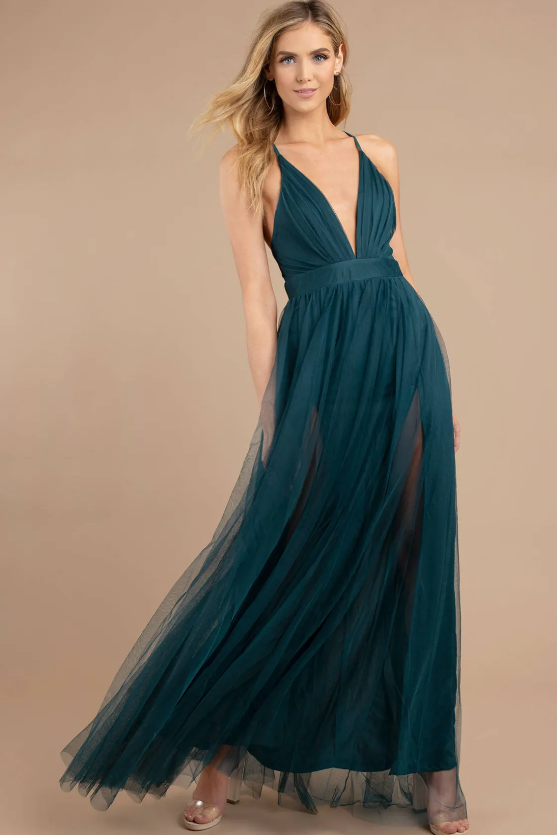 Tobi Here To Slay Plunging High Slit Maxi Dress - White