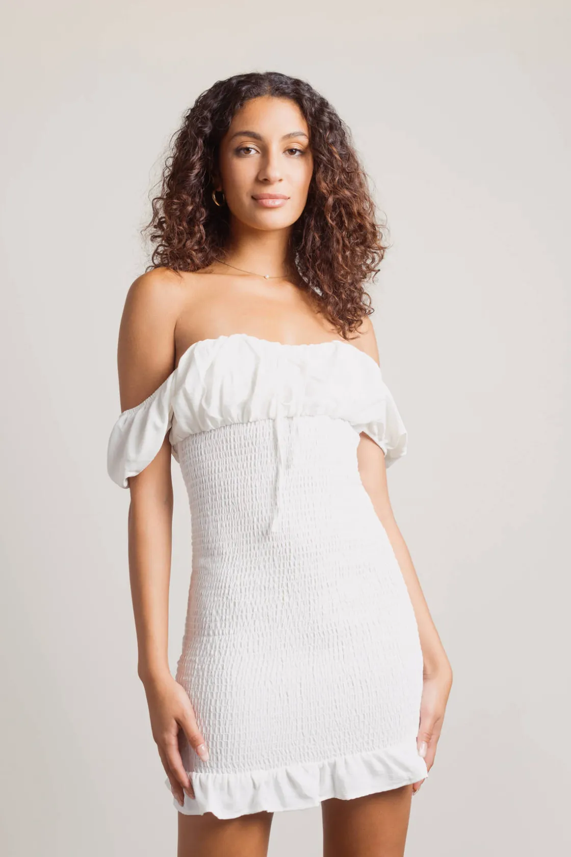 Tobi Here We Are Off The Shoulder Smocked Mini Dress -