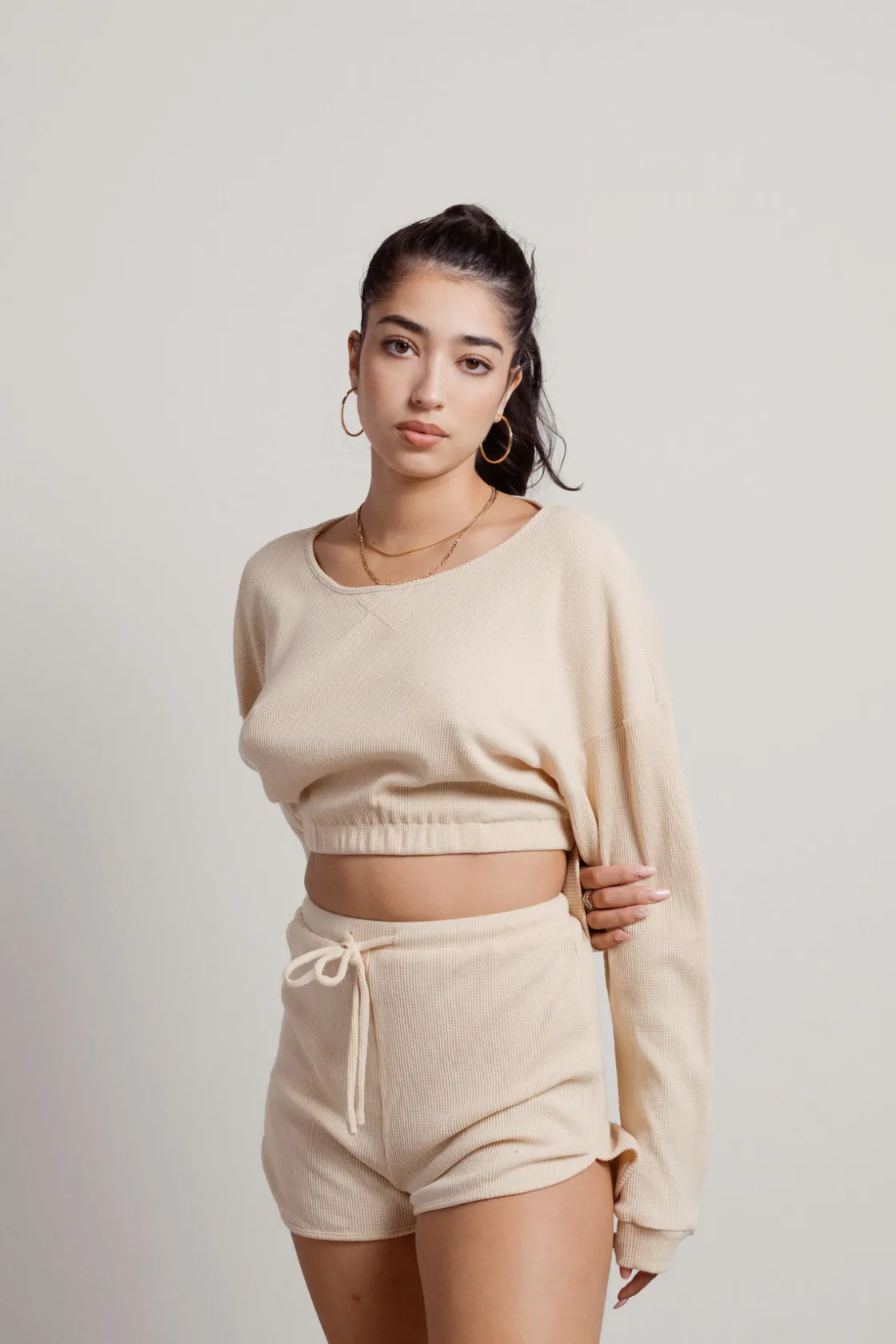 Tobi Hey There Knit Top And Short Lounge Set - Ecru