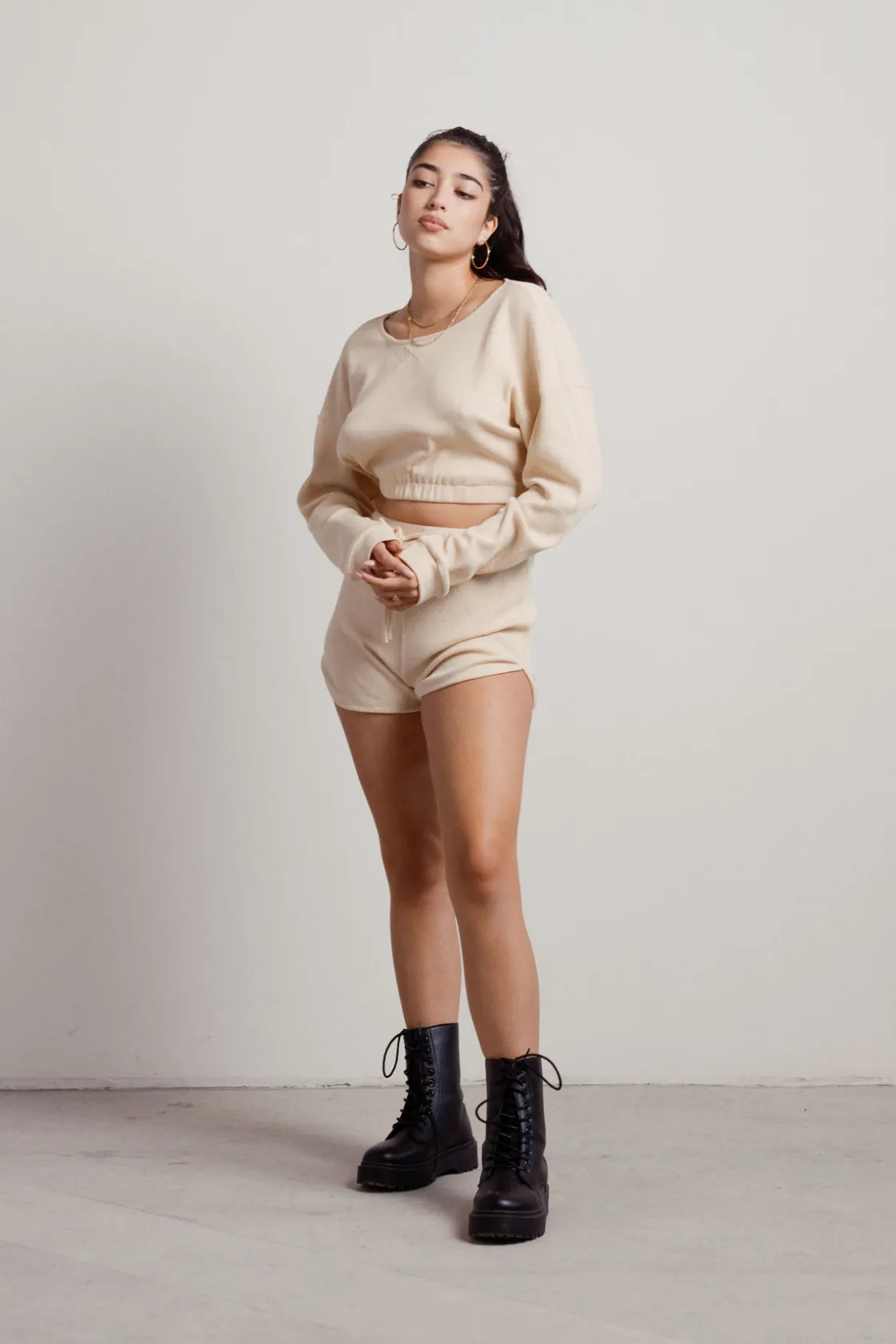 Tobi Hey There Knit Top And Short Lounge Set - Ecru