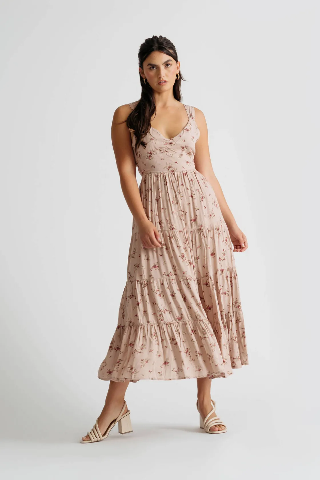 Tobi Hummingbird Floral Tiered Tie-Back Midi Dress