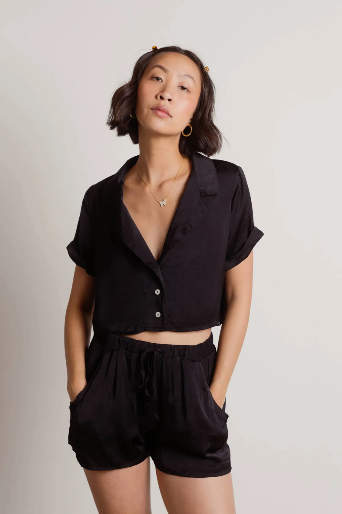 Tobi Indecisive Satin Crop Top And Shorts Set - Blue