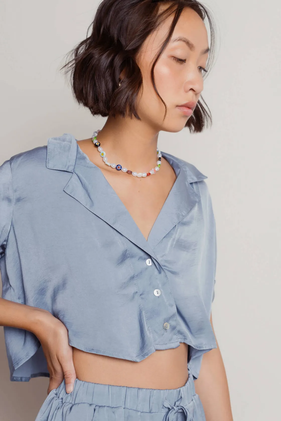 Tobi Indecisive Satin Crop Top And Shorts Set - Blue