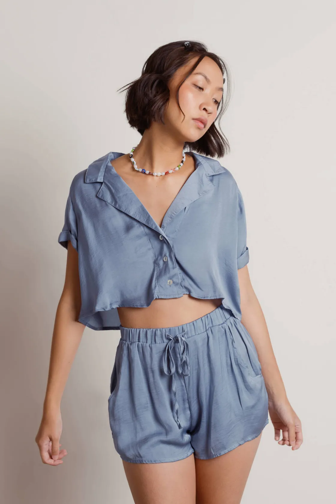 Tobi Indecisive Satin Crop Top And Shorts Set - Blue