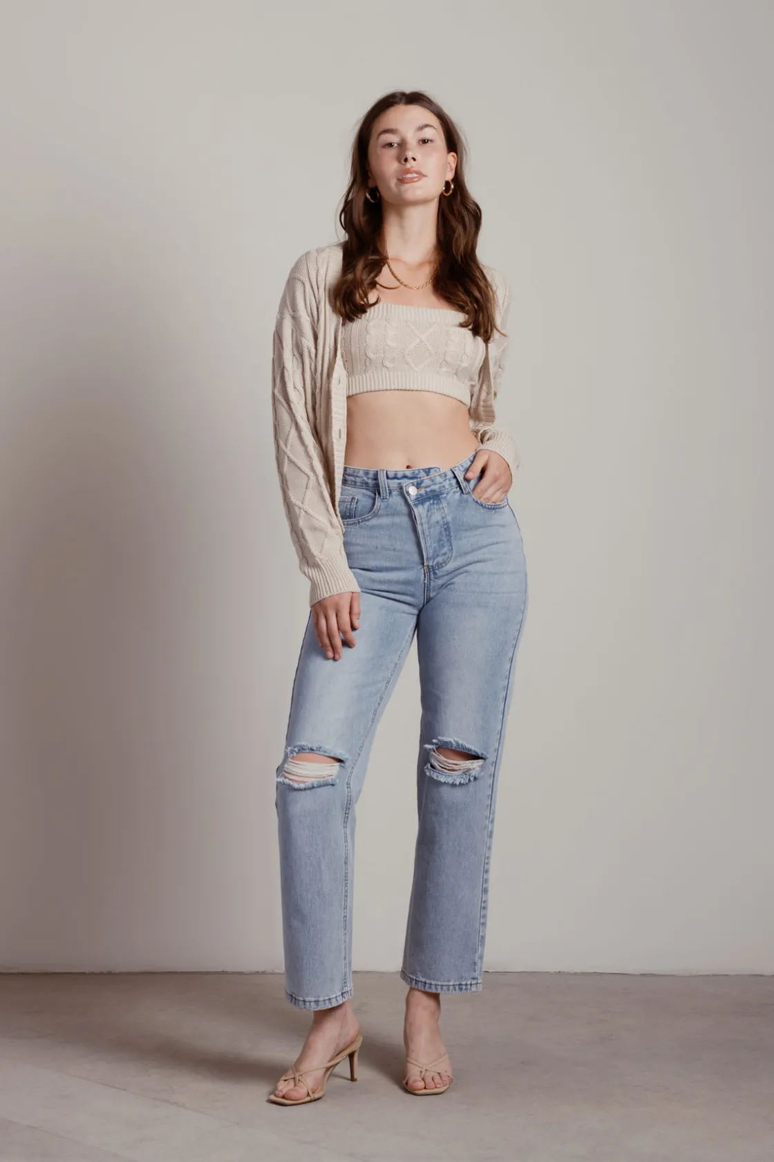 Tobi Isla Cable Knit Crop Top And Cardigan Set - Sage