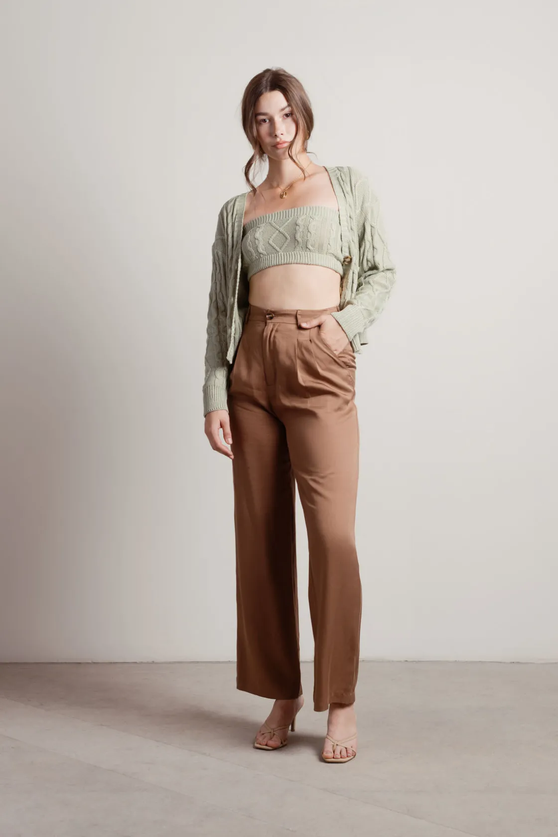 Tobi Isla Cable Knit Crop Top And Cardigan Set - Sage