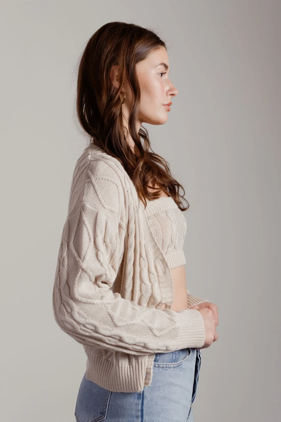 Tobi Isla Cable Knit Crop Top And Cardigan Set - Sage