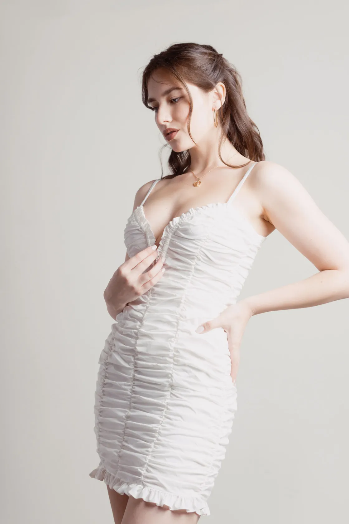 Tobi Janette Deep V Ruffled Ruched Bodycon Dress