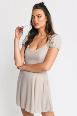 Tobi Jaycie Puff Sleeve Skater Mini Dress - Taupe