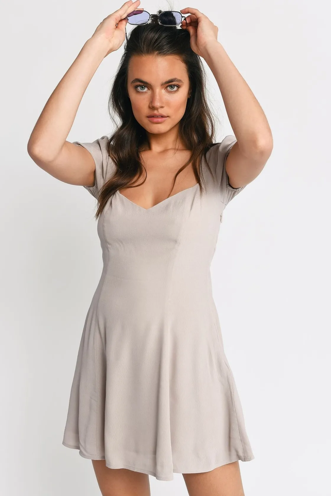 Tobi Jaycie Puff Sleeve Skater Mini Dress - Taupe