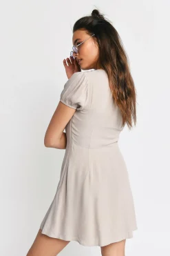 Tobi Jaycie Puff Sleeve Skater Mini Dress - Taupe