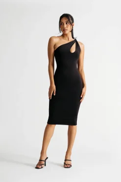 Tobi Jazmine Black One Shoulder Bodycon Midi Dress