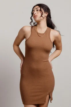 Tobi Keep It Basic Ribbed Knit Bodycon Mini Dress - Beige