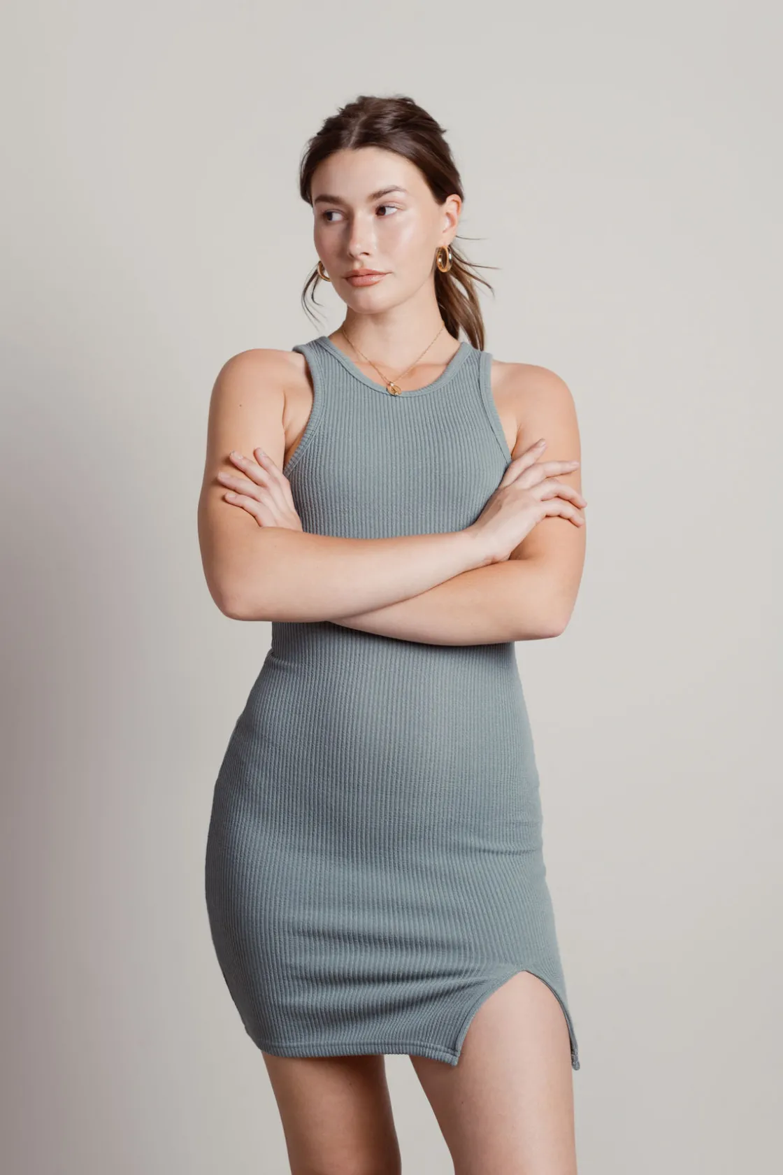 Tobi Keep It Basic Ribbed Knit Bodycon Mini Dress - Beige