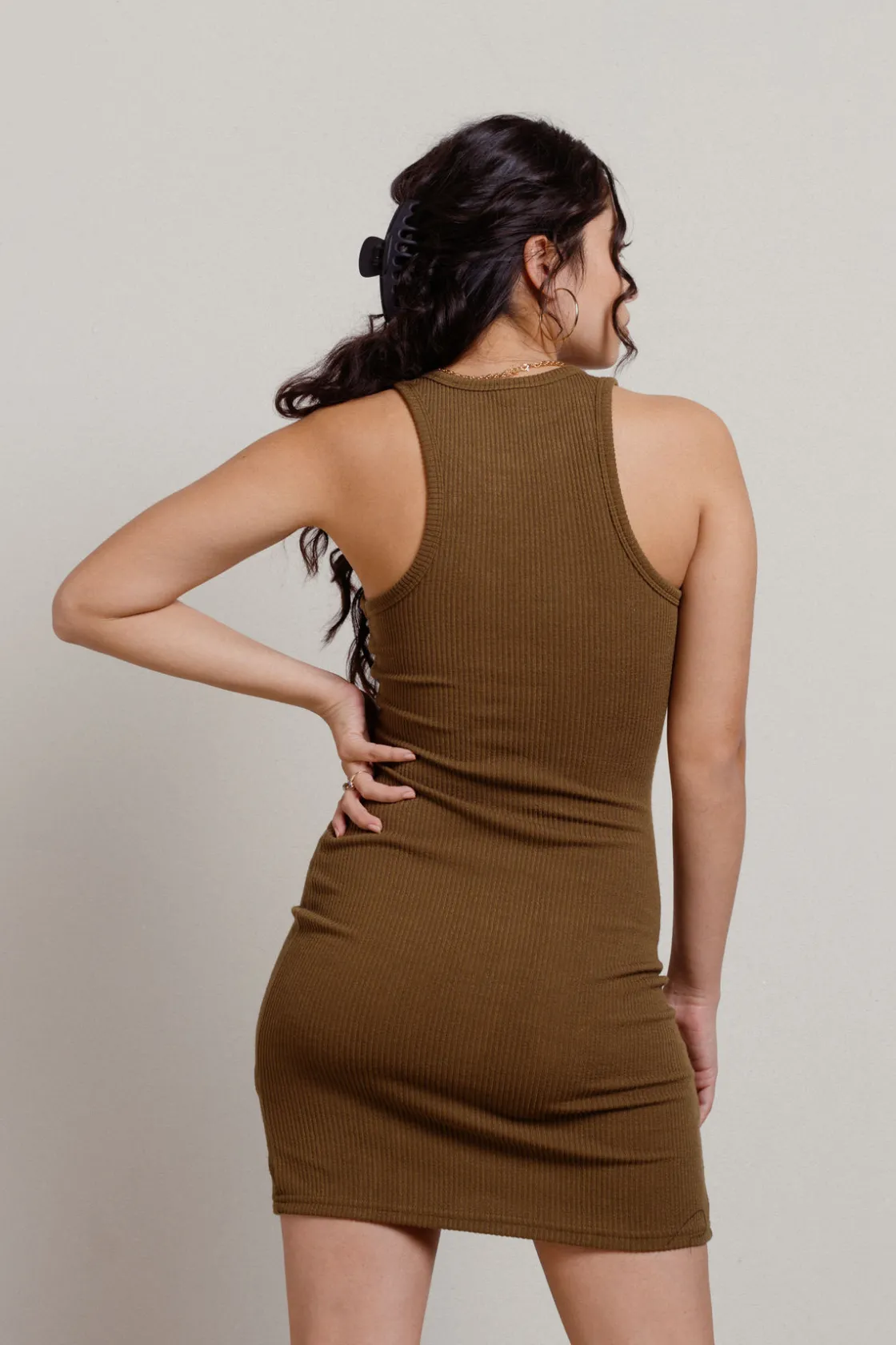 Tobi Keep It Basic Ribbed Knit Bodycon Mini Dress - Beige