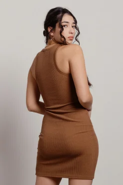 Tobi Keep It Basic Ribbed Knit Bodycon Mini Dress - Beige