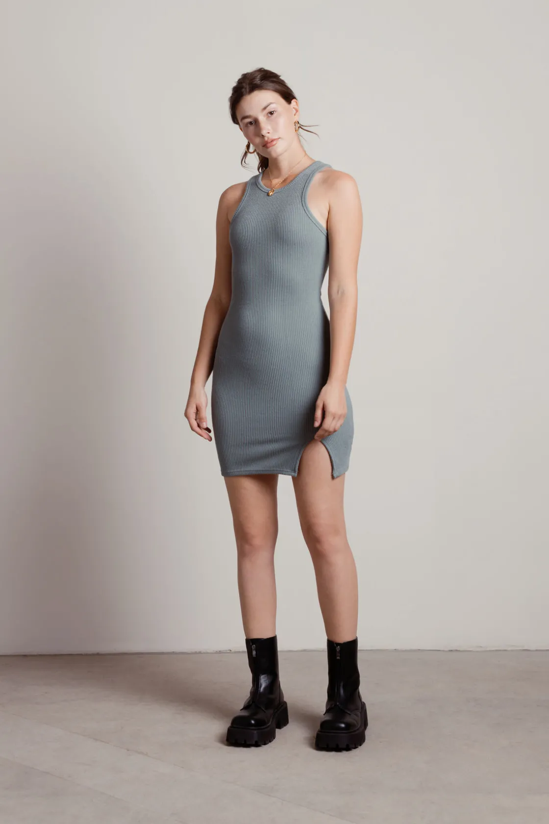 Tobi Keep It Basic Ribbed Knit Bodycon Mini Dress - Beige