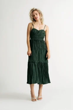 Tobi Keep Me Company Satin Pleated Tiered Midi Dress
