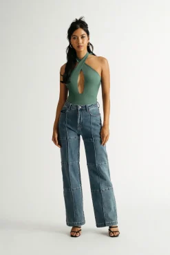 Tobi Keep Your Secrets Cross Halter Bodysuit - Forest Green