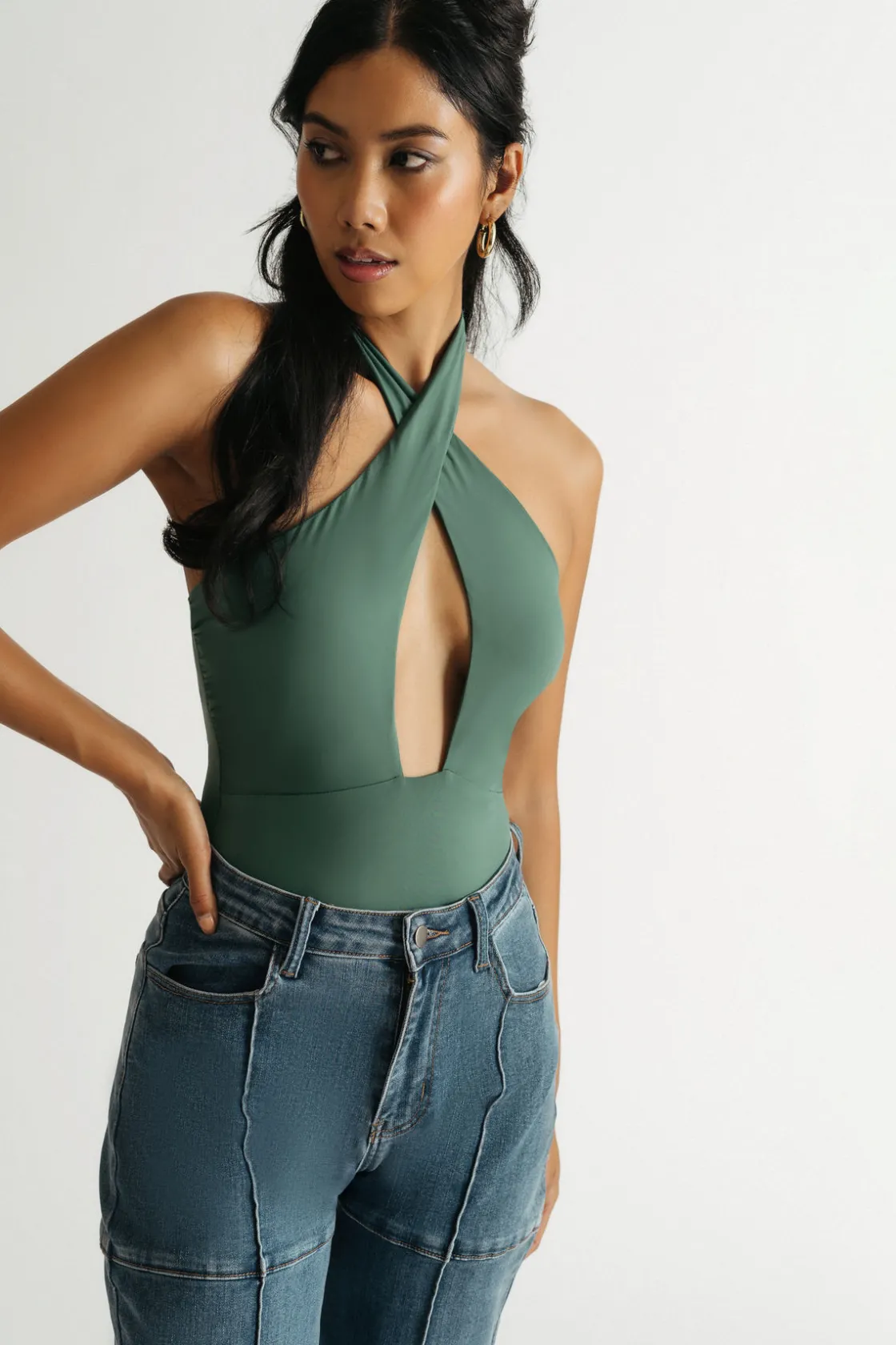 Tobi Keep Your Secrets Cross Halter Bodysuit - Forest Green