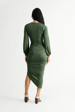 Tobi Kentrell Deep V Ruched Bodycon Midi Dress