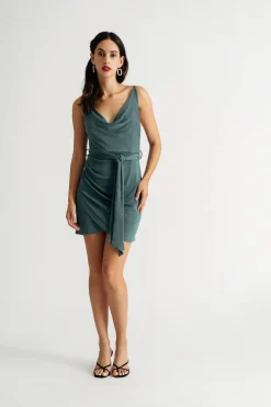 Tobi Kimmy Cowl Neck Wrap Mini Dress - Teal