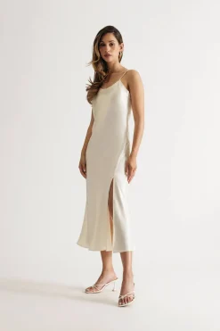 Tobi Kylah Cream Satin Slit Slip Midi Dress
