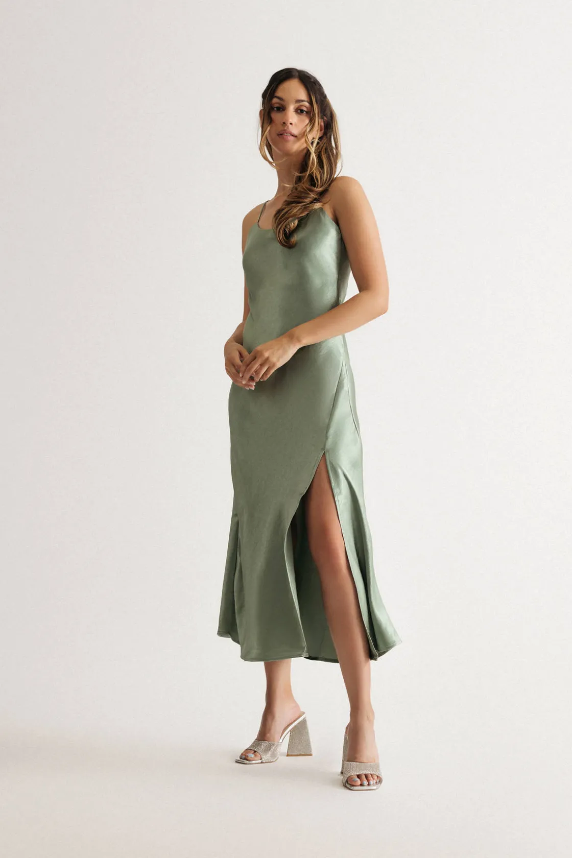 Tobi Kylah Cream Satin Slit Slip Midi Dress