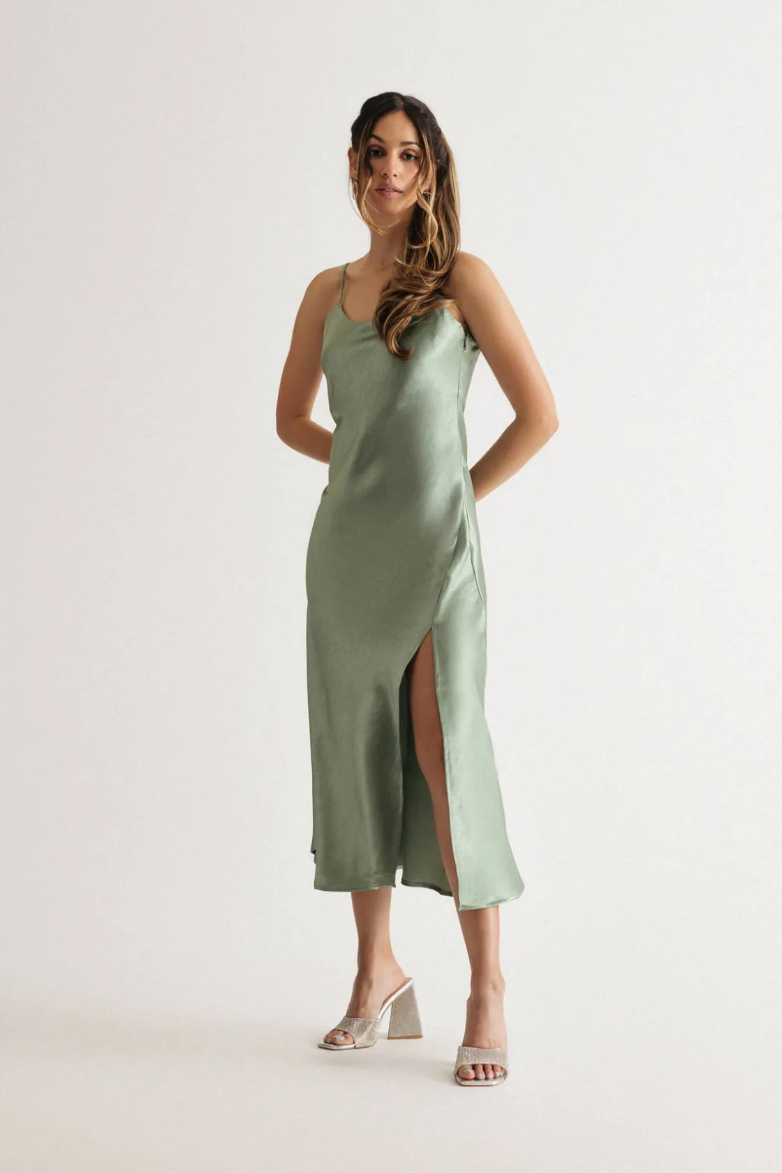 Tobi Kylah Cream Satin Slit Slip Midi Dress