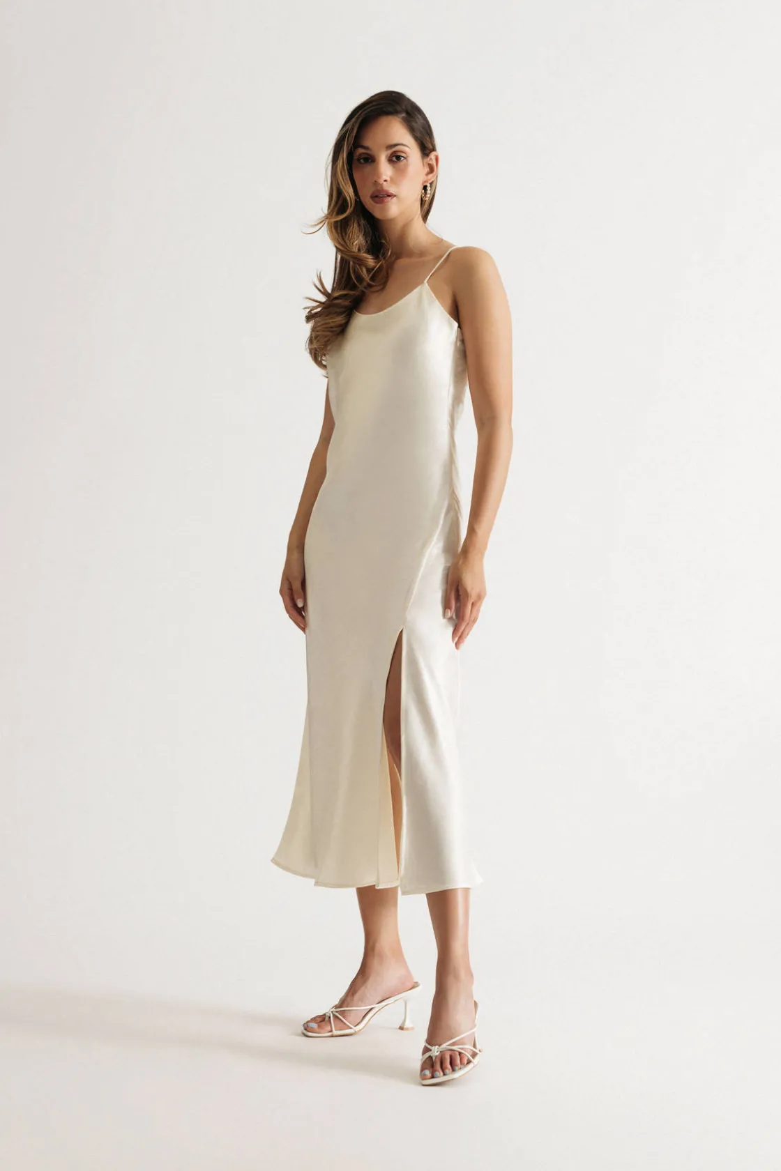 Tobi Kylah Cream Satin Slit Slip Midi Dress