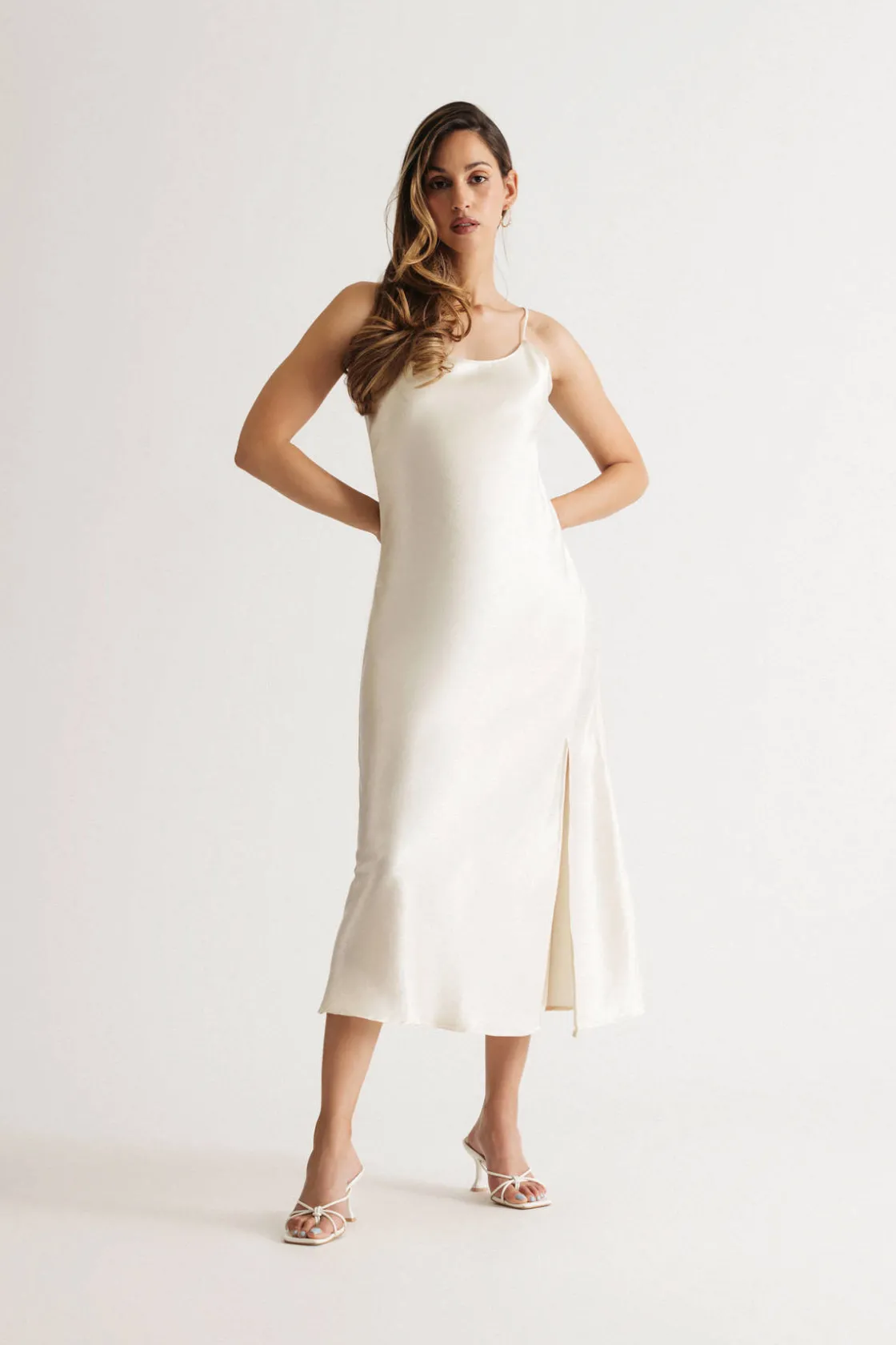 Tobi Kylah Cream Satin Slit Slip Midi Dress
