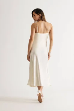 Tobi Kylah Cream Satin Slit Slip Midi Dress