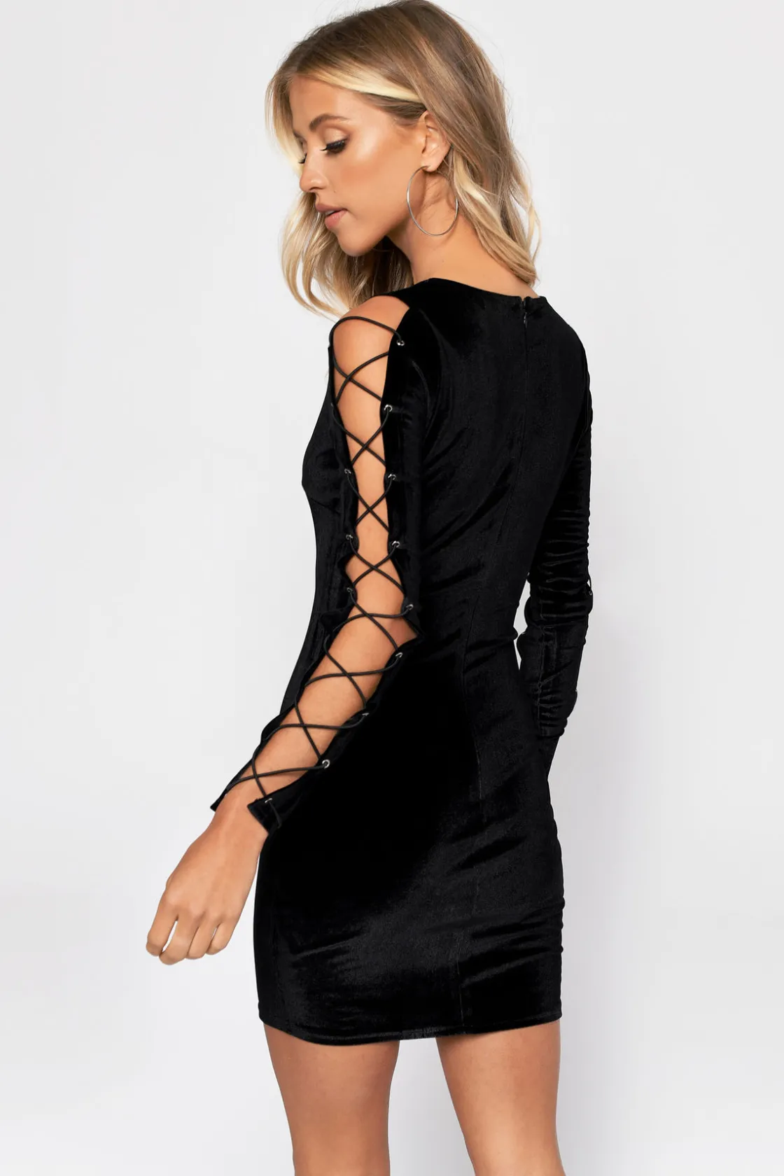 Tobi Lace Up To It Velvet Lace Up Sleeve Mini Dress -
