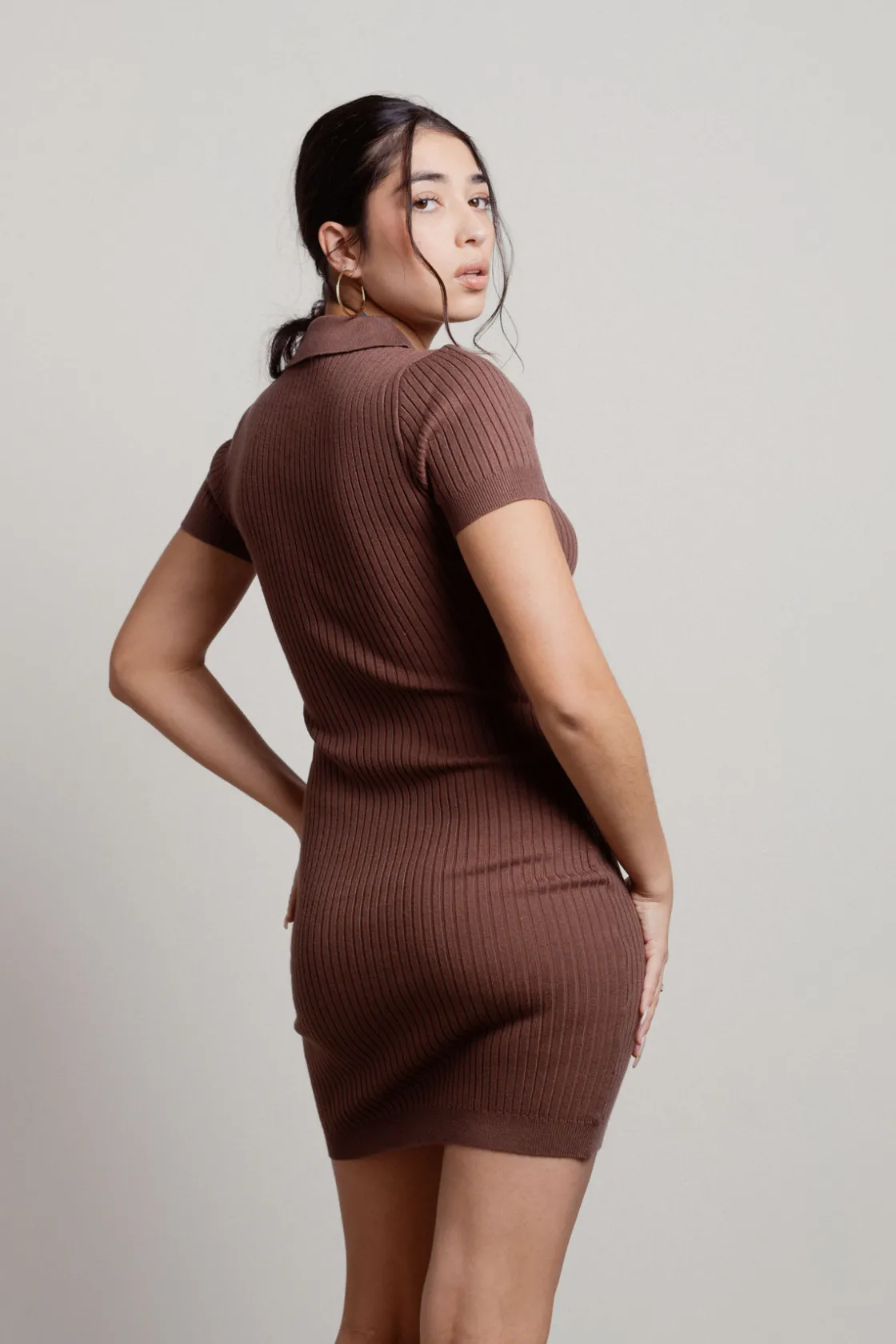 Tobi Late To Class Collared Ribbed Mini Dress -