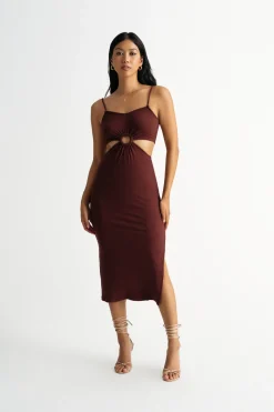 Tobi Lennon Cutout Slit Midi Dress - Chocolate Brown