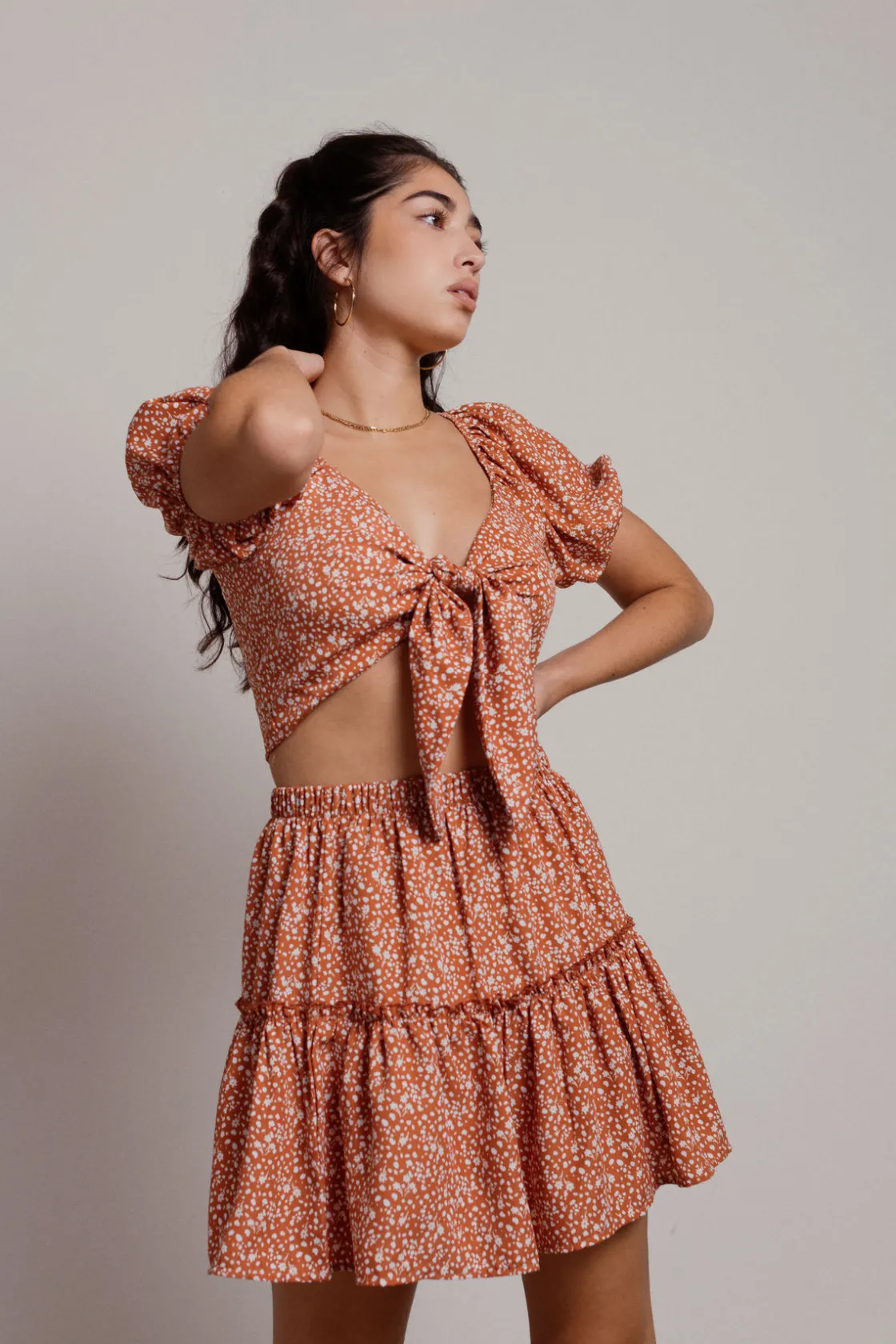 Tobi Lesly Floral Crop Top And Mini Skirt Set - Sage Blue