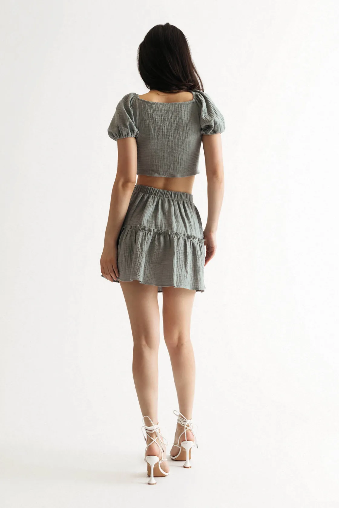 Tobi Lesly Floral Crop Top And Mini Skirt Set - Sage Blue