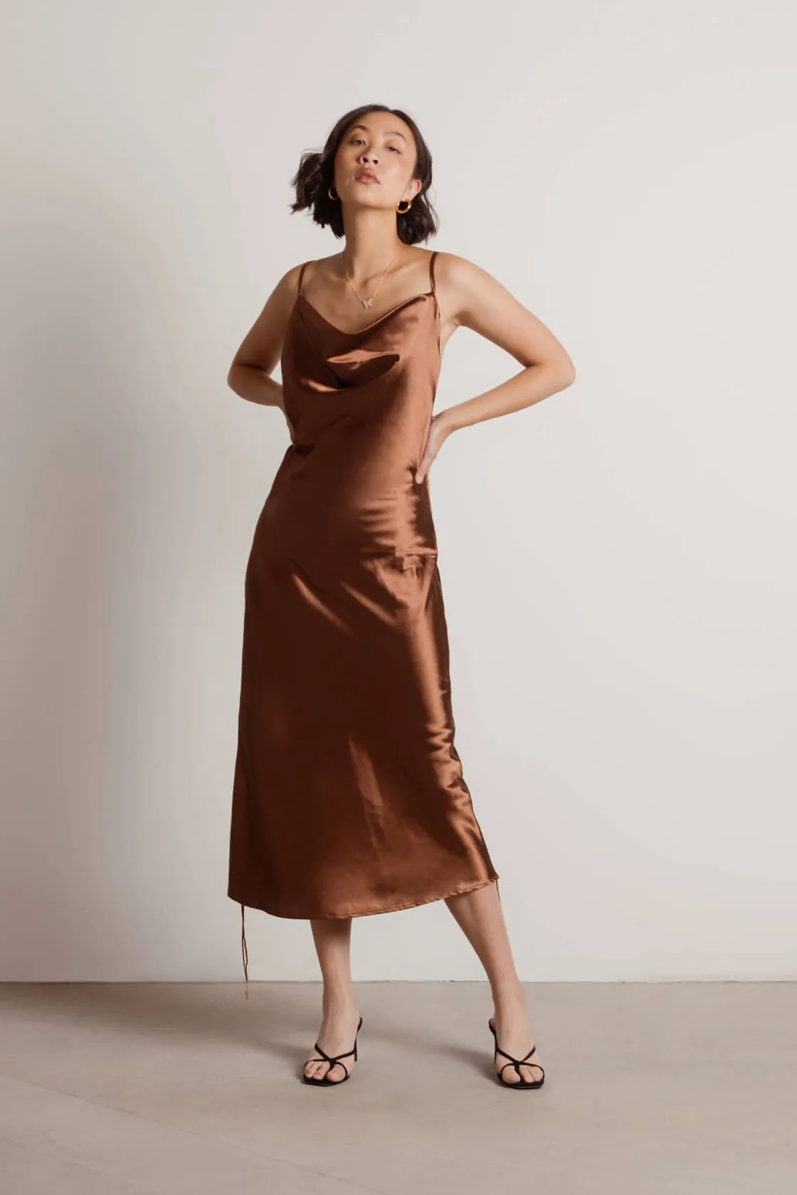 Tobi Listen To Me Satin Ruched Midi Dress - Blush