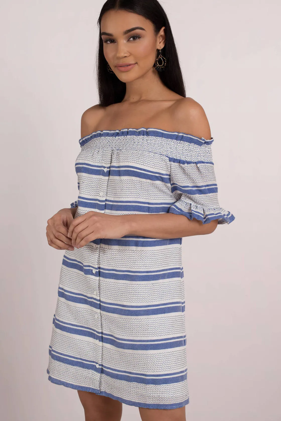 Tobi Lost + Wander Bora Bora Smocked Off The Shoulder Mini Dress -